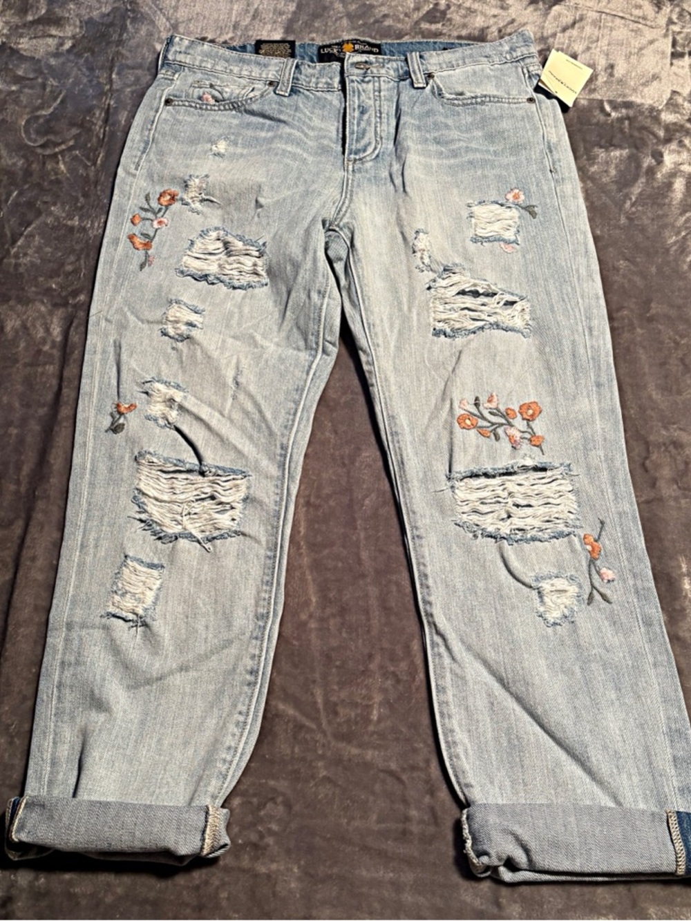 Lucky Brand Light Blue Distressed Boyfriend Jeans with Floral Embroidery